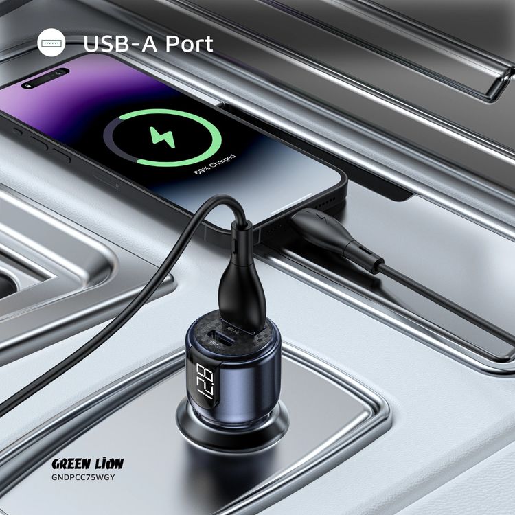 Green Lion Dual Port Car Charger with Digital Display, 75W Total Output, USB-C & USB-A Ports, Charging Protection, Heat Dissipation - Gray