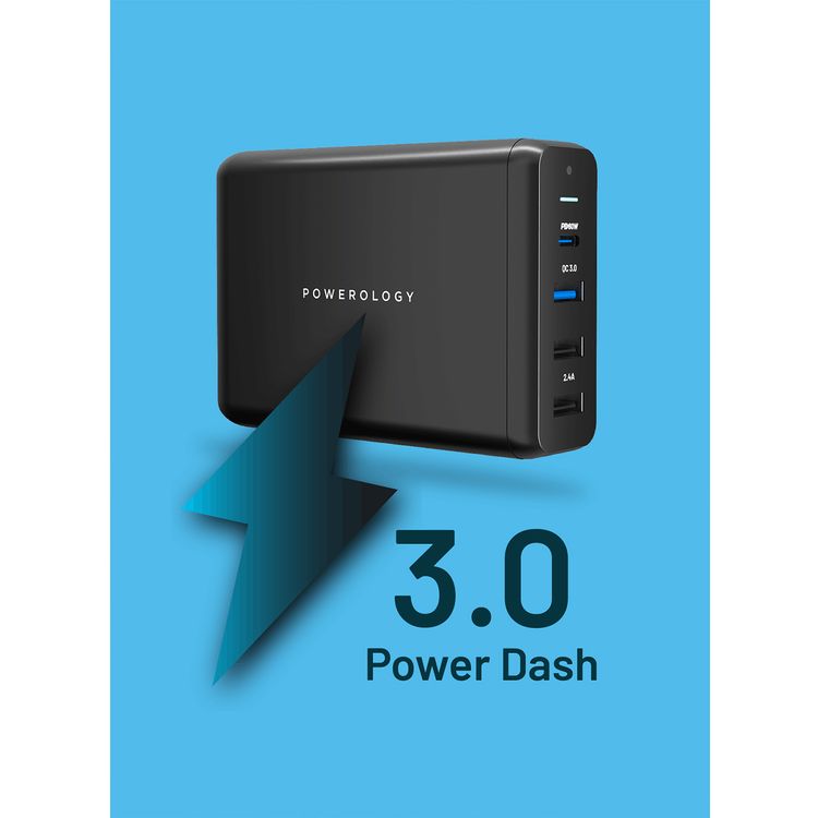 Powerology 4-Port Quick Charge Power Terminal with 75W Power Delivery, Simultaneous Charging, QC 18W, PD 60W, 0%-60% Charge in 35 Minutes, UK 3-Pin Plug - Black