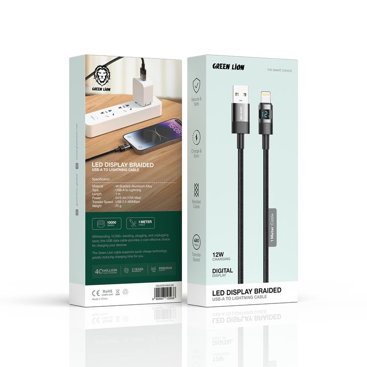 Green Lion LED Display Braided 1m USB-A to Lightning Cable, 30W Charging, Charge & Sync, Secure & Safe, 480Mbps Data Transfer Speed - Black