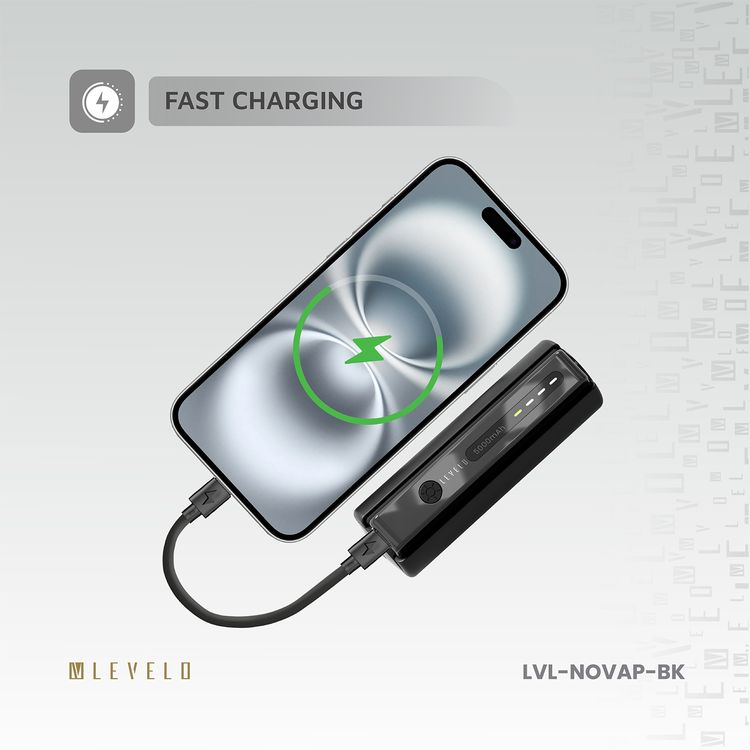 Levelo Nova Pro 5000mAh Power Bank with Flashlight, ABS & PC Material, USB-C Input & Output, Fast Charge Support, LED Indicator, Portable Design- Black