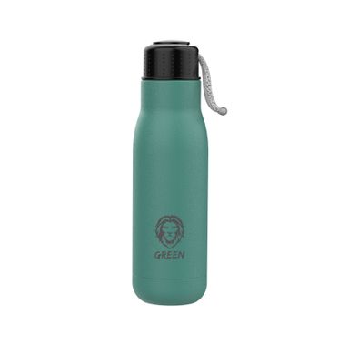 Green Lion Vacuum Flask Stainless Steel Water Bottle 500ml / 17oz with Strap, Aqua Max Double Vacuum Wall, Smudge Resistant, Scratch Defense & Condensation Proof - Green