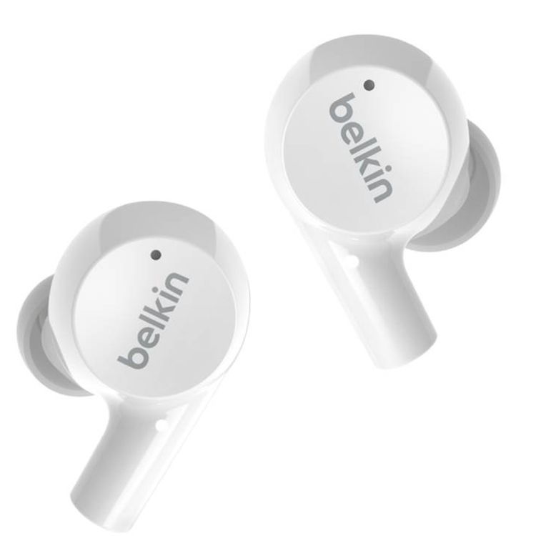 سماعات الأذن اللاسلكية الحقيقية Belkin Soundform Rise مع أحجام متنوعة لرؤوس الأذن، صوت ستيريو غني، اقتران تلقائي، حافظة شحن مدمجة وقابلة للحمل، متوافقة مع مساعدي الصوت، حجم المحرك 6 مم - باللون الأبيض.