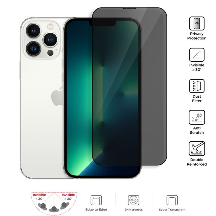 واقي شاشة كامل للخصوصية من Liberty Guard بحافة مستديرة سوداء مع فلتر غبار لهاتف iPhone 13 Pro Max