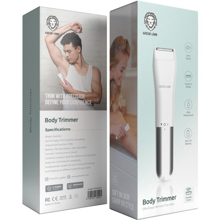 Green Lion Mini Body Trimmer with Ceramic Blade Material, AA Dry Battery, IPX6 Waterproof, Ultra-Quiet - White