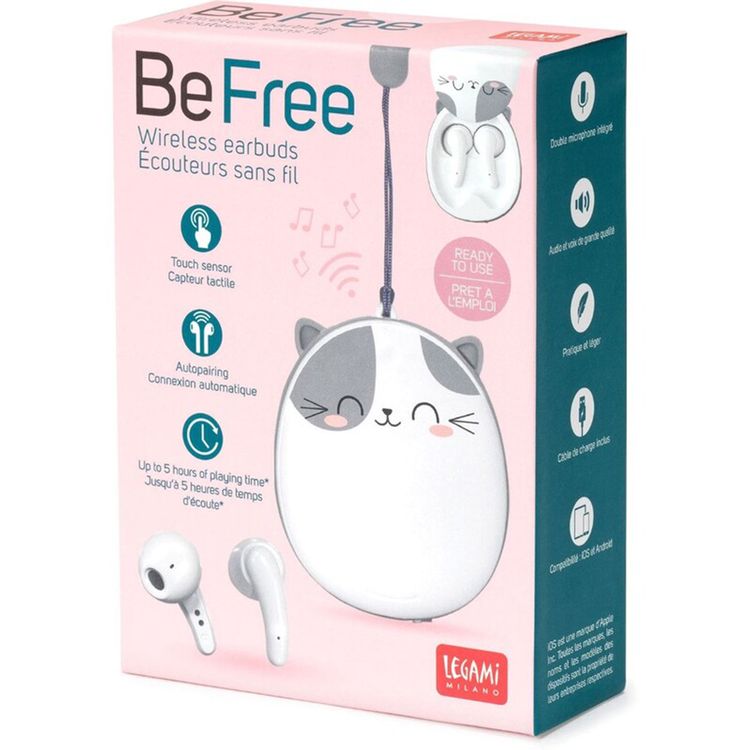 Legami Be Free True Wireless Earbuds, Microphone Included, Touch Sensor, Kitty Theme, USB Charging Power, ABS Material - White