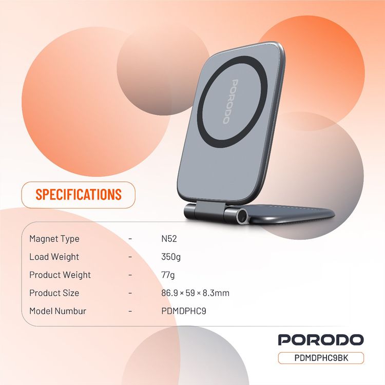 Porodo Magnifold Ultra-Slim Phone Holder for Multiple Device Compatibility, N52 Magnet Type, 350g Load Weight, Powerful Magnetic Hold - Black