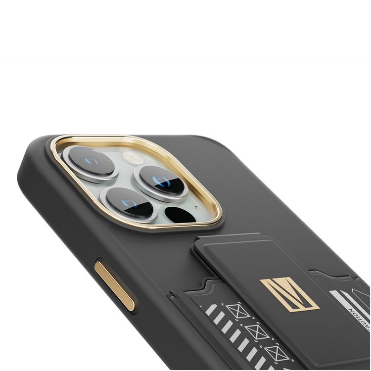 Levelo Morphix Cuero Gripstand Case for iPhone 15 Pro Max with Cardholder, Multi-Positioning Modes, PU Leather Material, Shock-Proof Edges - Black