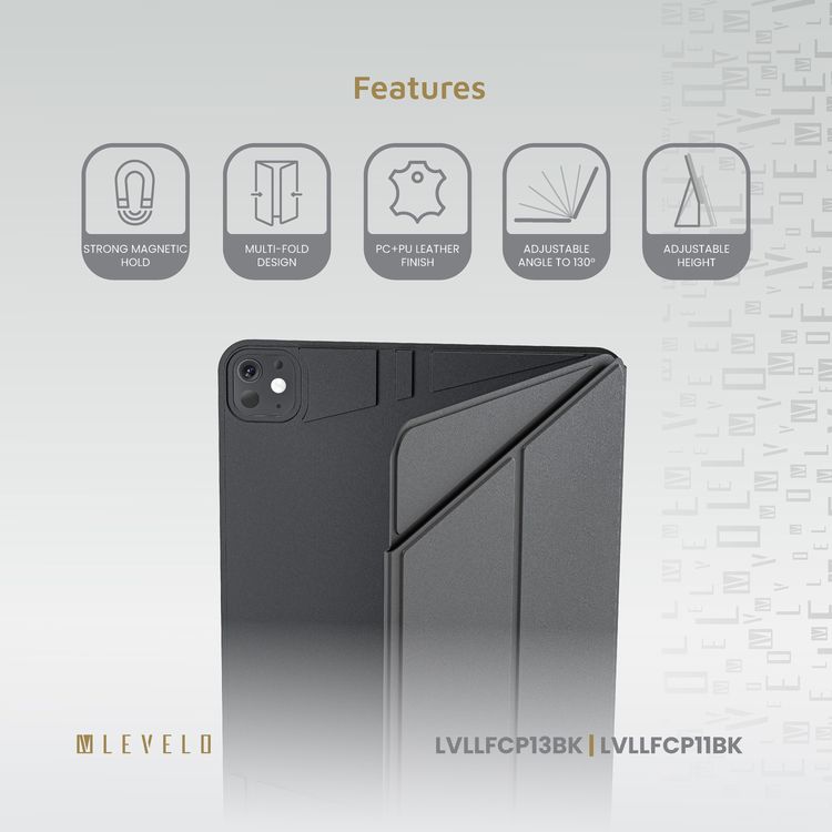 حافظة Levelo Luxora Folio لجهاز iPad Pro 13 بوصة، تتميز بقوة مغناطيسية عالية، تصميم متعدد الطيات، قابلية لتعديل الارتفاع - أسود