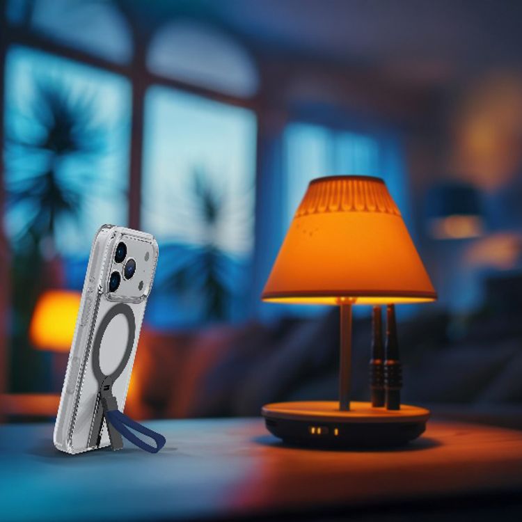 Levelo Spira MagSafe Clear Grip Case for iPhone 17 Pro, Strong Magnets, Horizontal & Vertical Viewing, Shock-Resistant Bumper, Anti-Scratch, 360° Rotating Metal Kickstand - Midnight Blue