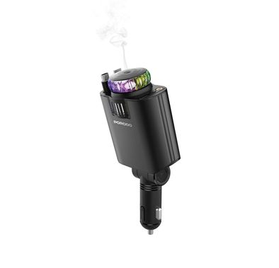 Porodo Aromaglow 120W Car Charger with Aromatherapy Diffuser, Fast Charge Support, PD 30W, 180° Adjustable Head, 2× 80cm Retractable Cables, Type-C Port, ABS + PC & Aluminum Alloy Material, LED Starry Lights, RGB Light - Black