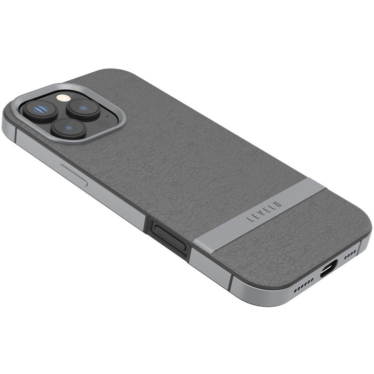 Levelo Pelle Leather Case for iPhone 16 Pro Max with Aluminum Bumper, Impact Resistant Corners, MagSafe compatibility, Lightweight & Slim Profile - Gray