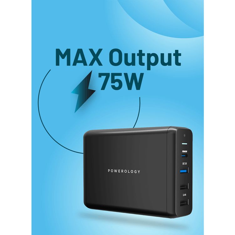 Powerology 4-Port Quick Charge Power Terminal with 75W Power Delivery, Simultaneous Charging, QC 18W, PD 60W, 0%-60% Charge in 35 Minutes, UK 3-Pin Plug - Black