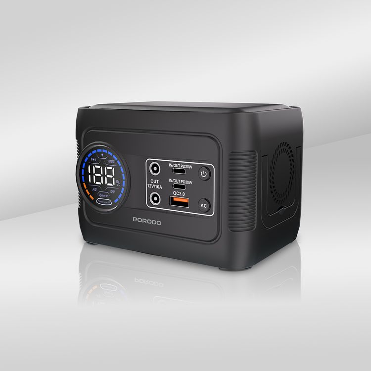 محطة الطاقة المحمولة Porodo Forcebase مع إضاءة LED متعددة الأنماط، طاقة تيار متردد قوية بقوة 150 واط، سعة بطارية 76.96 واط ساعة، منافذ إخراج متعددة، شاشة رقمية LED - باللون الأسود.