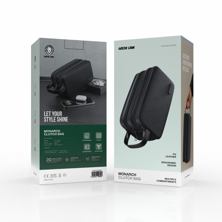 Green Lion Monarch Clutch Bag, 3 Compartments, Mesh Pockets, Sturdy Handle, Microfiber Interior, Water-Resistant PU Leather Exterior, Zinc Alloy Zipper - Black 