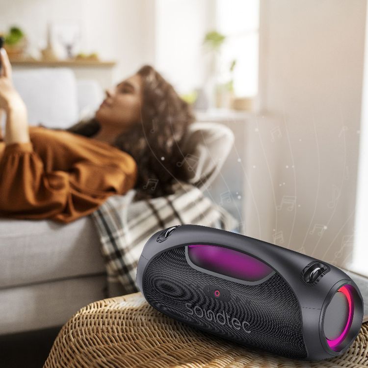 Porodo Soundtec Rush Euphoric Sound Portable Speaker with Bluetooth Version 5.3, 5400mAh Battery Capacity, Type-C Charging Port, IPX6 Water Resistance, 3 Hours Charging Time, 8 Hours Working Time, 15m Transmission Range, Power Bank Function, Shoulder Strap & Grip Handle, Vibrant RGB Lights - Black
