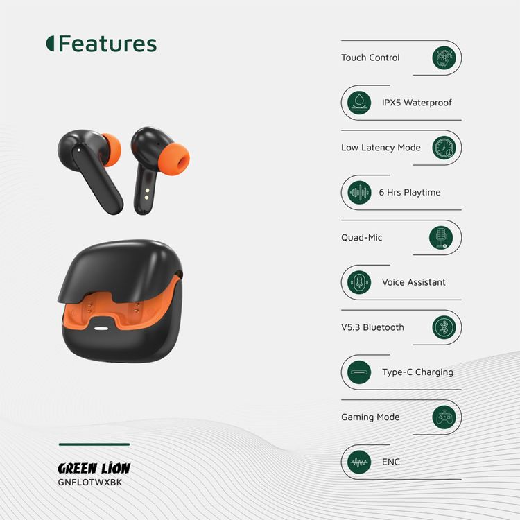 Green Lion Florence True Wireless Earbuds with Touch Control, Low Latency Mode, Voice Assistant, Quad -Mic with ENC Technology, Gaming Mode, Up to 6 Hours Play Time, 100 Hours Standby Time, Type-C Charging Port, Above 10m Transmission Range - Black