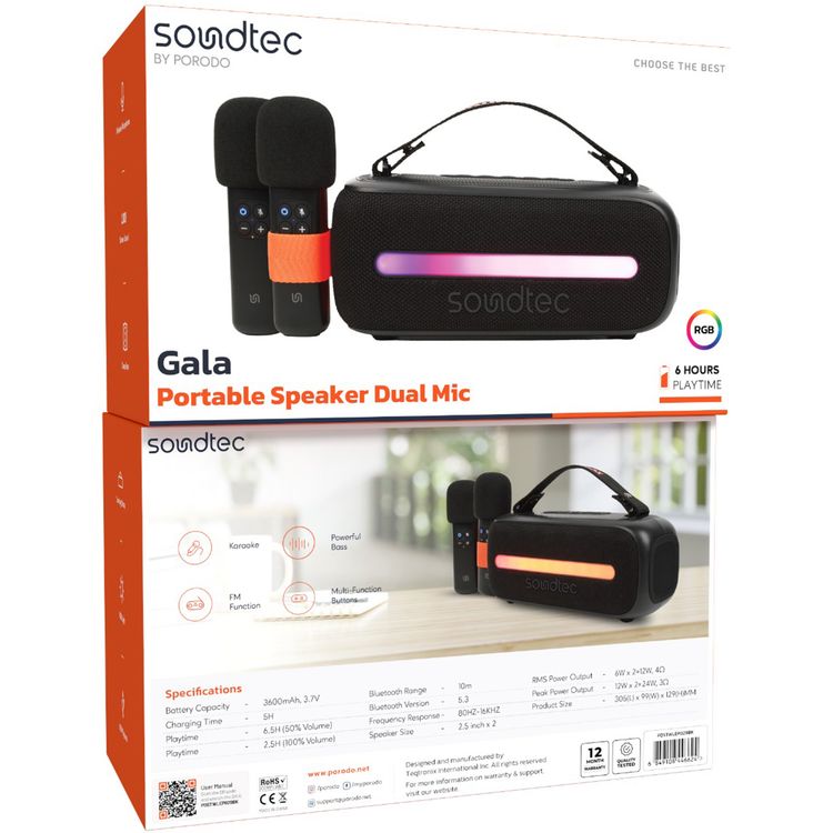 Porodo Soundtec 24W Bluetooth Speaker with Dual Wireless Microphone, Carrying Strap, Powerful Bass, FM Function, RGB Light - Black 