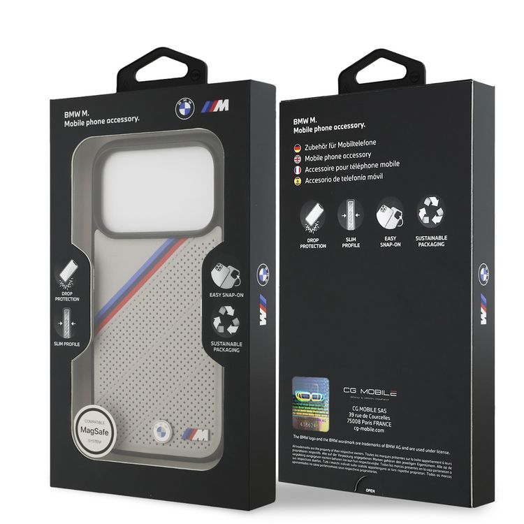 حافظة BMW MagSafe جلد PU مع شعارات معدنية وخطوط مائلة ثلاثية الألوان لأيفون 17 برو، حماية من الصدمات، تغليف مستدام، تصميم سهل التركيب، ملف نحيف - رمادي