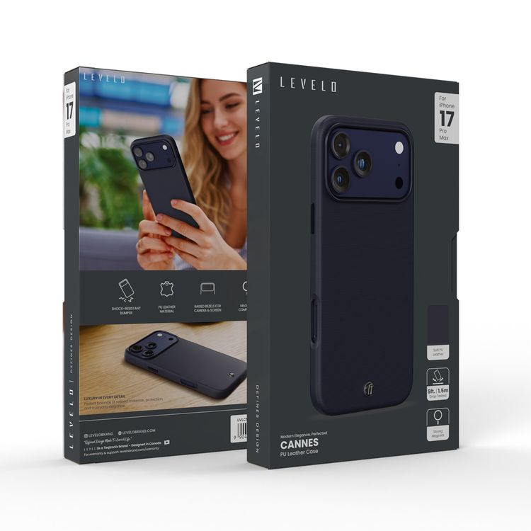 Cannes PU Leather Case for iPhone 17 Pro Max with Strong Magnets, Shock-Resistant Bumper, MagSafe Compatibility, 5ft. | 1.5m Drop-Tested, Soft PU Leather Material - Blue