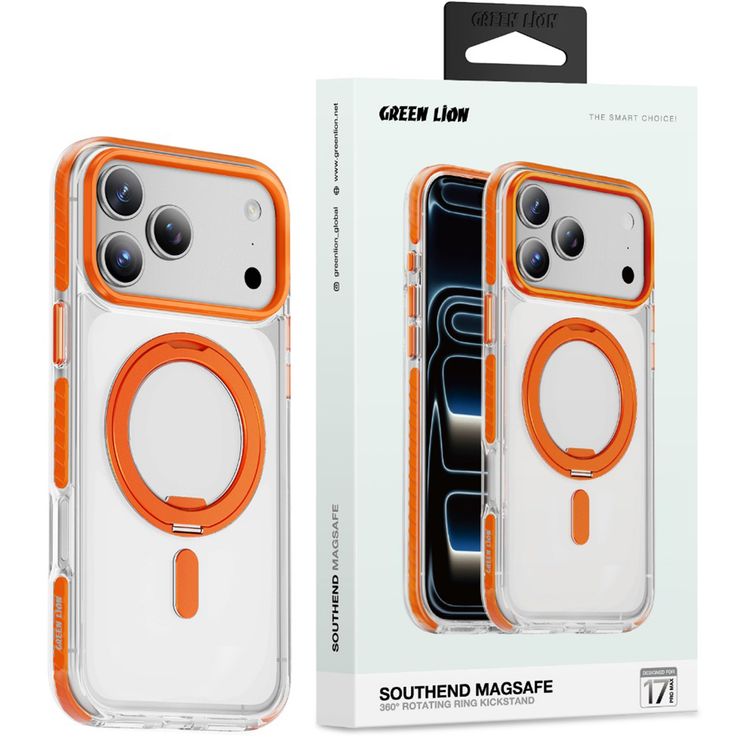 Green Lion Southend Magsafe Case for iPhone 17 Pro Max, Camera Protection, Hybrid Materials, Built-in Kickstand Ring with 360° Rotation, Military-Grade Protection - Orange