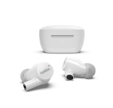 سماعات الأذن اللاسلكية الحقيقية Belkin Soundform Rise مع أحجام متنوعة لرؤوس الأذن، صوت ستيريو غني، اقتران تلقائي، حافظة شحن مدمجة وقابلة للحمل، متوافقة مع مساعدي الصوت، حجم المحرك 6 مم - باللون الأبيض.