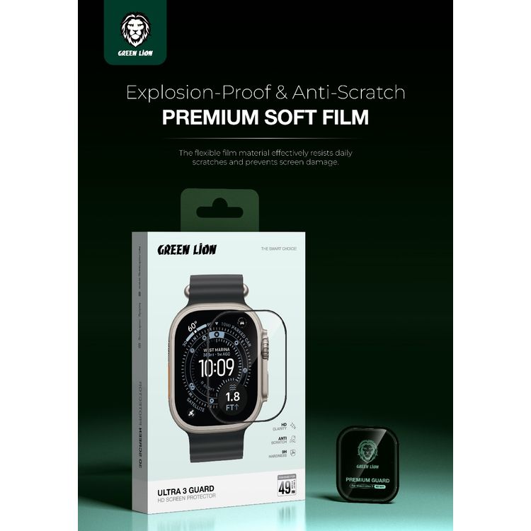 Green Lion HD Screen Protector for Apple Watch Ultra 3 (49mm), 9H Hardness, Full Protection, Anti-Scratch, Anti-Fingerprint - Clear