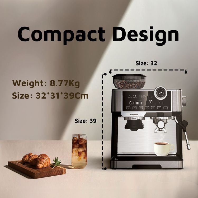 LePresso Dual Boiler Espresso Machine with Adjustable Grinder, Automatic Shutdown, Milk Frothing Nozzle, CUP Warmer - Silver