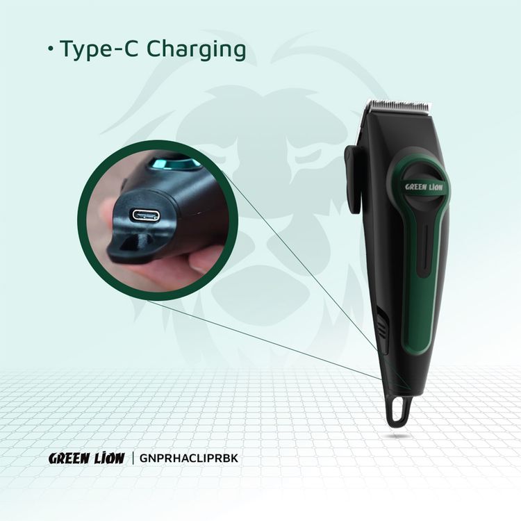 Green Lion Professional Hair Clipper with 4 Size Combs, Stainless Steel Material, 120 Minutes Working Time, 2.5 Hours Charging Time, 1200mAh Lithium Battery, Type-C Charging Port, LED Indicator - Black
