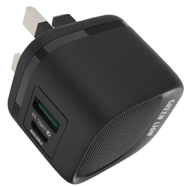 Green Lion PD 20W UK Wall Charger with Charging Protection, 5V/3A (15W) USB-A & USB-C Output Shared Output, Fast Charging - Black