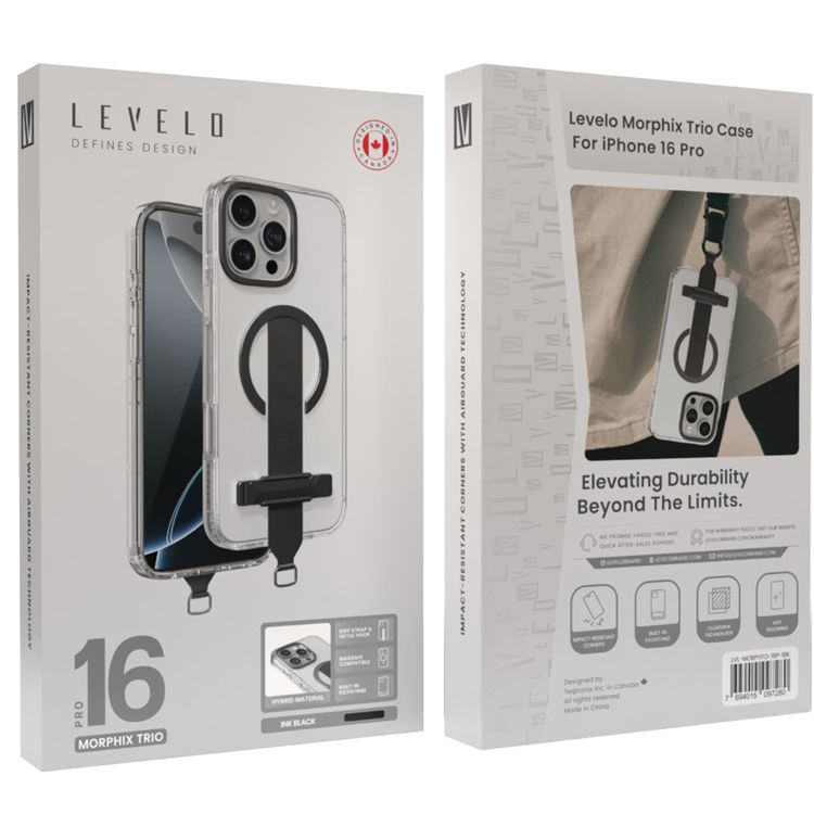 Levelo Morphix Trio Case for iPhone 16 Pro with Built-in Kickstand, Metal Camera Edge, MagSafe Compatible, Impact-Resistant Corners, Grip Strap & Metal Hook, Anti Yellowing - Ink Black