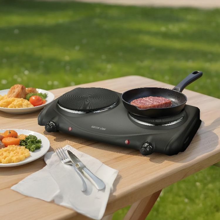 Green Lion Electric Stove with Double Hot Plate, 6 Heating Levels, Anti-Slip Base, Power Indicator, Easy-to-Clean Design, Thermostat Control, Iron & Plastic Material, 50-500° C Temperature Range, 70cm BS Plug - Black