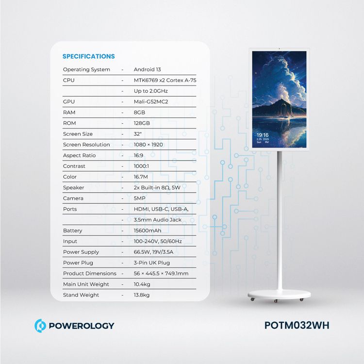 Powerology 32" Android Smart Screen, 15600 mAh Battery Capacity, 5 MP Camera, HDMI, USB-C, USB-A, 3.5 mm Audio Jack Ports, 3-Pin UK Plug - White