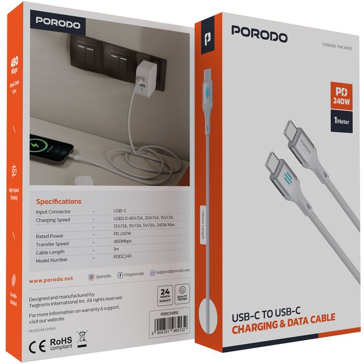 Porodo USB-C to USB-C Charging & Data Cable with 240W Power Delivery, 1m Cable Length, Braided Cable with Tangle-Free Design, 480Mbps Data Transfer Speed, Fast Charge - Silver