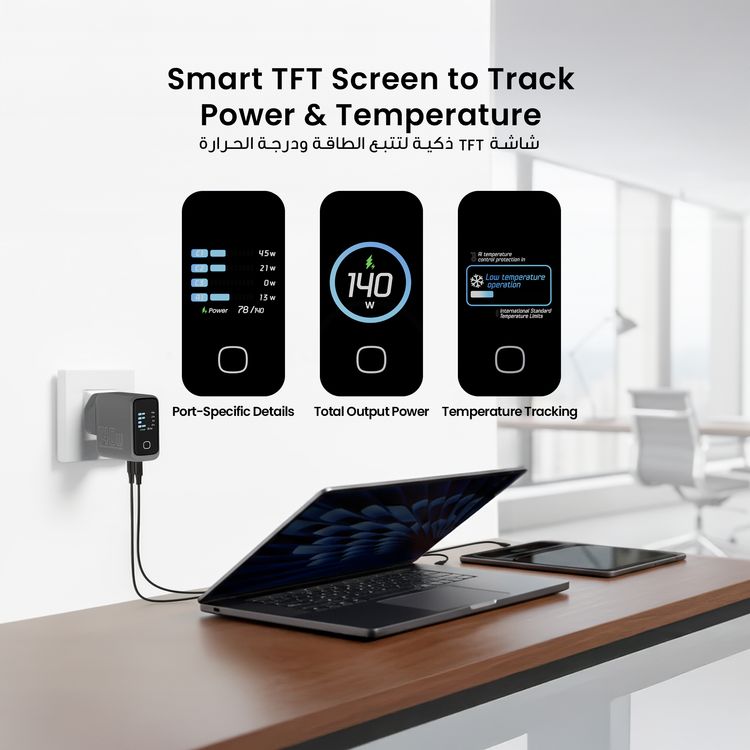 Powerology Voltflow GaN Wall Charger with PD 140W, Single USB-A & Triple USB-C Ports, Ai Temperature Control, Fast Charge Support, Multiple Device Compatibility, TFT Smart Display Interface - Black
