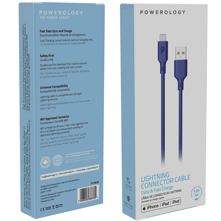 Powerology USB-A to Lightning Cable, 2.4 Charging Current, PVC Fire-Resistant Material, 1.2m Cable Length, More than 5000 Bends Lifespan, Fast Charge & Data Sync - Blue