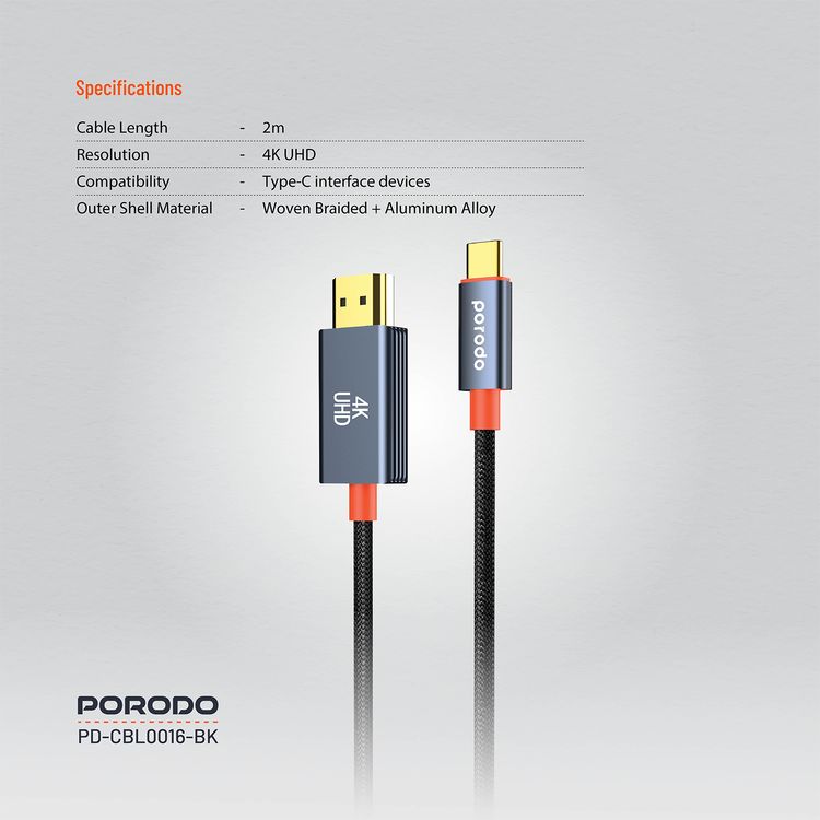 Porodo Aluminum Alloy Woven Cable Type-C to HDMI, 2m Cable Length, Ultra HD 4k Resolution, Plug & Play, Tangle Free - Black