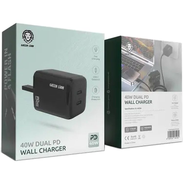Green Lion Dual PD Wall Charger with 40W Power Up Safely, UK Power Plug, 2 Ports Type-C Output, Fast Charging, Ultra Portable, Charging Protection - Black