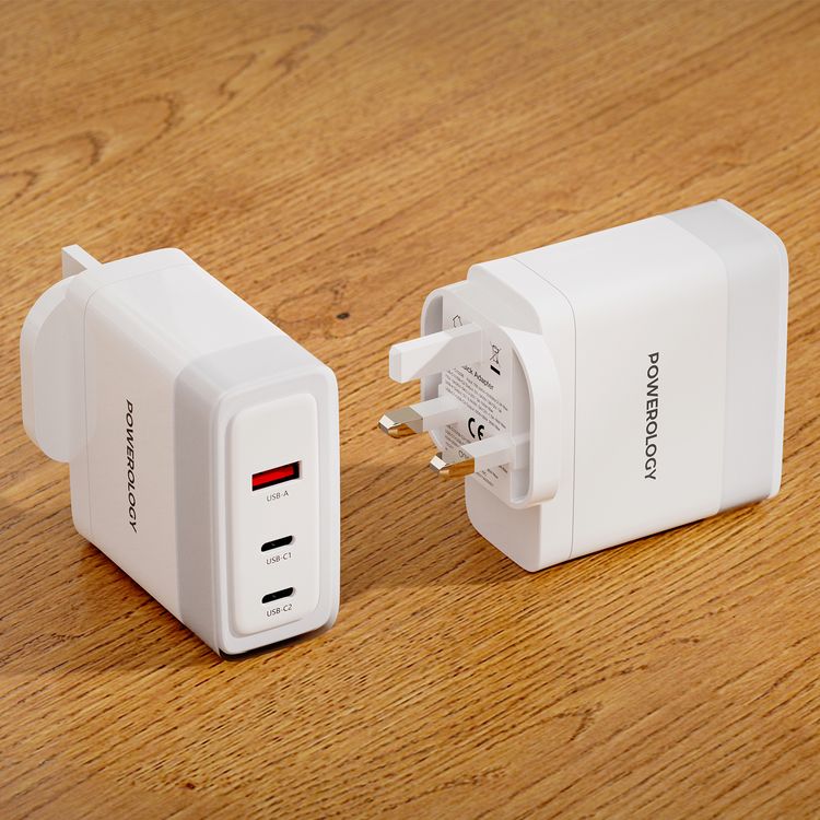 Powerology Lunex Series 3-Port Fast Charging Adapter with 100W PD USB-C Output, 18W QC USB-A Output, Multi-Device Charging, Powerful Laptop Charging, Universal Protocol Support - White