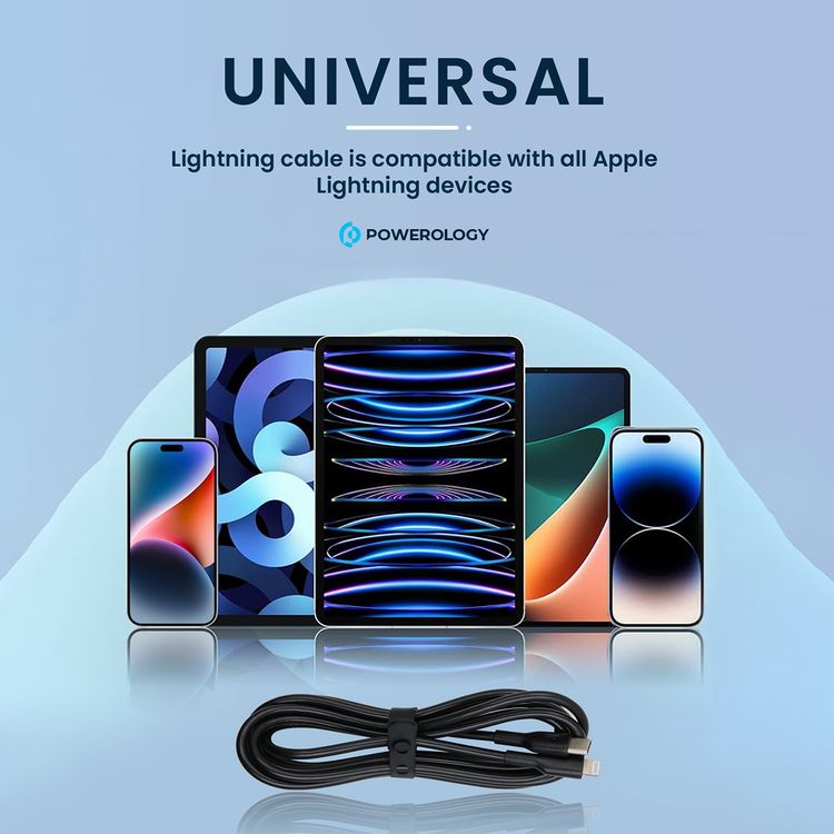 Powerology USB-C to Lightning Cable with 20W Power Delivery, 1.2m Cable Length, PVC Material, Universal Compatibility, Fast Data Sync & Charge - Black