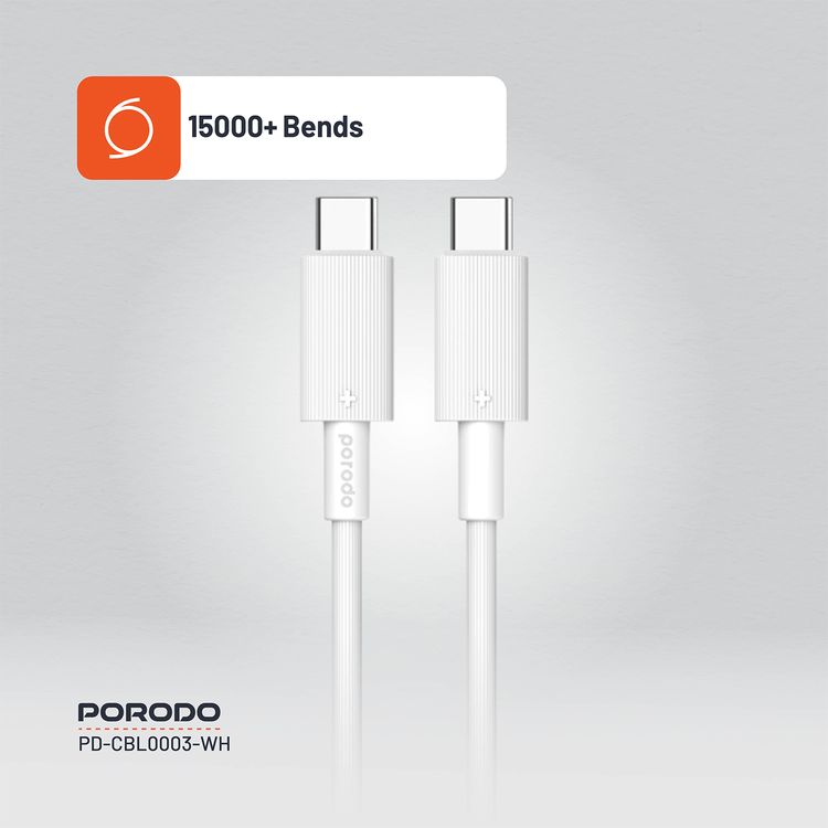 Porodo USB-C to USB-C PVC Cable, 480Mbps Transfer Speed, 60W Power Delivery, more than 15000 Bends Life Span, 1.2m Cable Length, Tangle Free - White