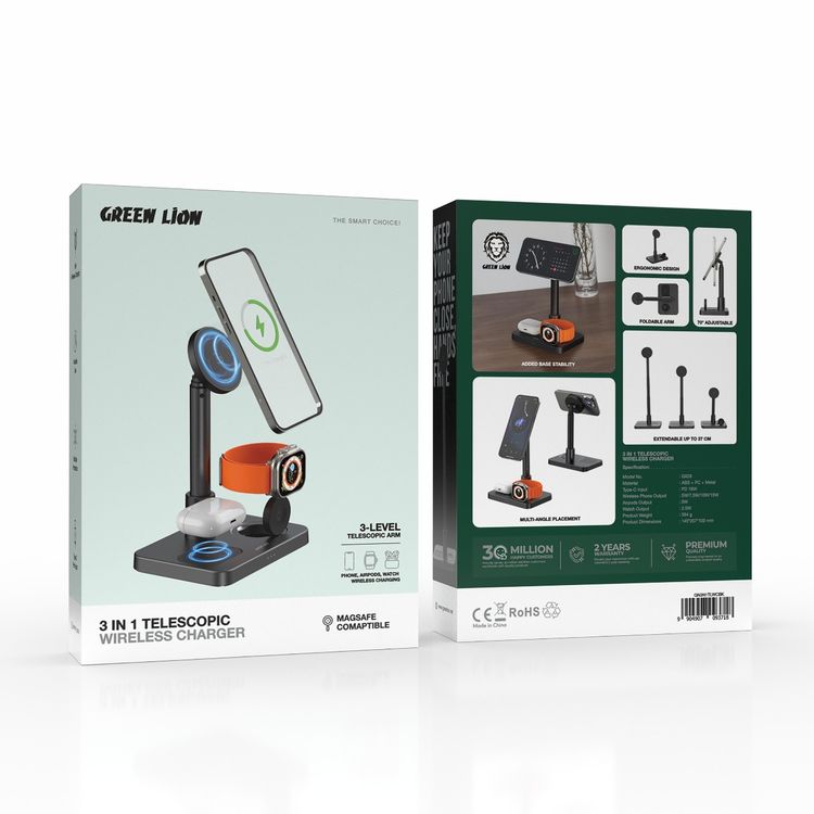 شاحن لاسلكي تلسكوبي متعدد الوظائف من جرين ليون 3 في 1، متوافق مع ماج سيف، ذراع تلسكوبية بثلاثة مستويات، منفذ إدخال Type-C، شحن لاسلكي للهاتف وأيربودز والساعة، تصميم مريح، قابل للتمديد حتى 37 سم - أسود