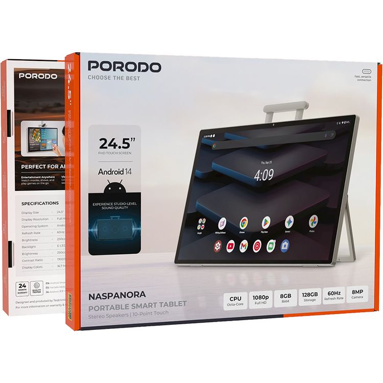 Porodo Naspanora Portable Smart Tablet with 24.5" FHD Touch Screen, Android 14, 8GB RAM, 2 Hours Charging Time, 8MP Camera, Wi-Fi 6, Bluetooth V5.2, Studio-Level Sound Quality - White
