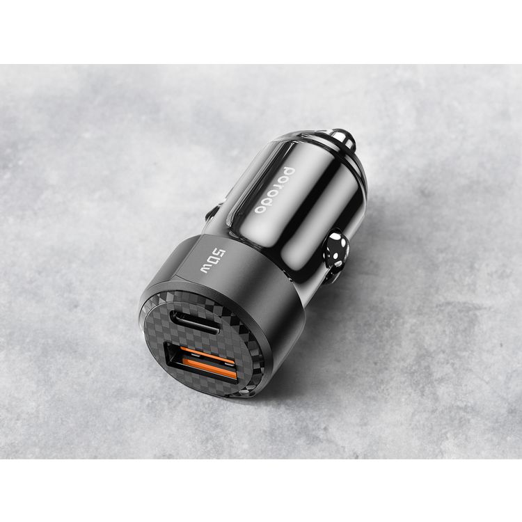 Porodo 50W Dual Port Car Charger USB-C to Lightning Cable, 50W Total Output, Simultaneous Charging, Portable, 1m Cable Length - Black