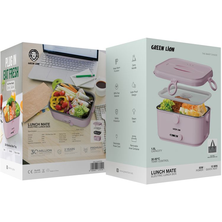 Green Lion Lunch Mate Electric Lunch Box with 1.8L Capacity, 15 Minutes Quick Heat, 80W Power, Removable Inner Container, Detachable Power Cord, Keep Warm Function, Leak-Proof Design - Pink