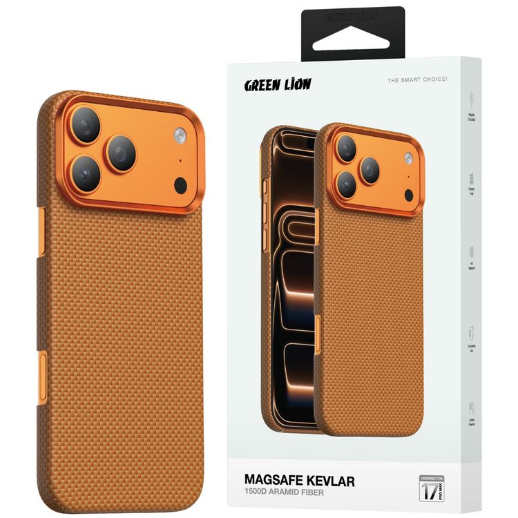 Green Lion Magsafe Kevlar Case for iPhone 17 Pro Max, Comfortable Grip, Aluminum Alloy Guard, Drop Protection, Lightweight Design, Ultra-Slim - Orange