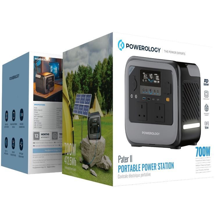 Powerology Pater II Portable Power Station with 700W Rated Power, 1400W Peak Power, 472.5Wh Battery Capacity, 230V Voltage, 350W Max Solar Input, PD 100W Max USB-C Output, 15W Wireless Output, 120W Max Car Port Output, 2x AC Outlets, Power Monitoring Display, Built-in Safeguards - Gray