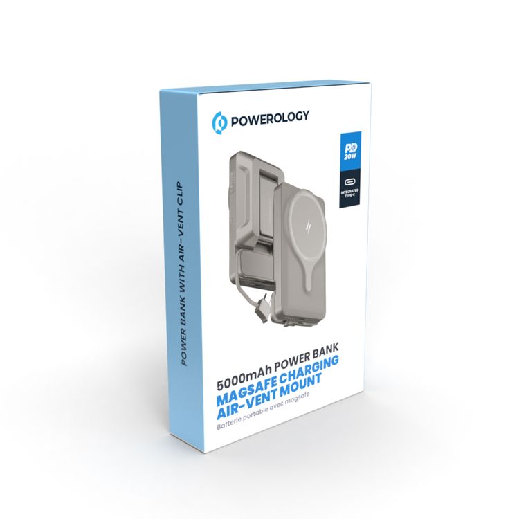 Powerology Car Mount 5000mAh Power Bank with Magnetic Wireless Charger, MagSafe Charging, PD 20W Fast Charge, Folding Air-Vent Clip, LED Indicator, Built-In Type-C Cable, Lightweight & Portable - Titanium