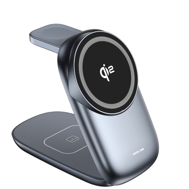 Green Lion 3-in-1 Magfold Wireless Charger with Foldable & Ultra-Slim Design, USB-C Input Port, Up to 15W Phone Output, 5W AirPods Output & 3W Watch Output, Multi-Angle Adjustment, Fast Charge - Gray