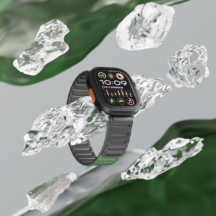 Levelo Stella Silicone Watch Strap with Magnets, Compatible with 49/46mm Smartwatches & Apple Watch SE, Series 9, 8, 7, 6, 5, Dual-Color Wearable, Hypoallergenic Material, Easy Snap-On, Sweat-Resistant, Water-Resistant - Black / Green