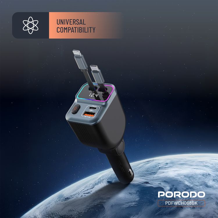 Porodo 65W Car Charger with Dual Retractable Cables, Real-Time Voltage Display, Type-C & Lightning Cable Types, USB-A & USB-C Ports, Universal  Compatibility - Black
